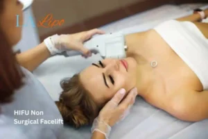 Woman having Hi-Fu to reduce wrinkles Wales.