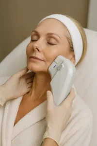 Woman receiving HIFU non surgical facelift treatment Wales