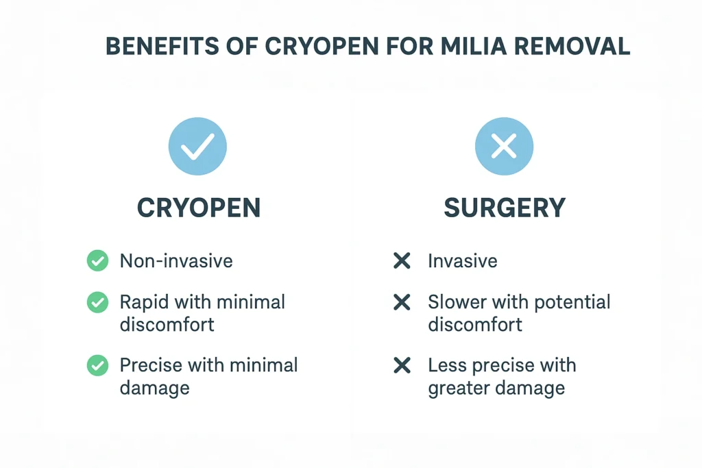 Benefits of cryopen for milia removal Wales compared to surgical treatments.