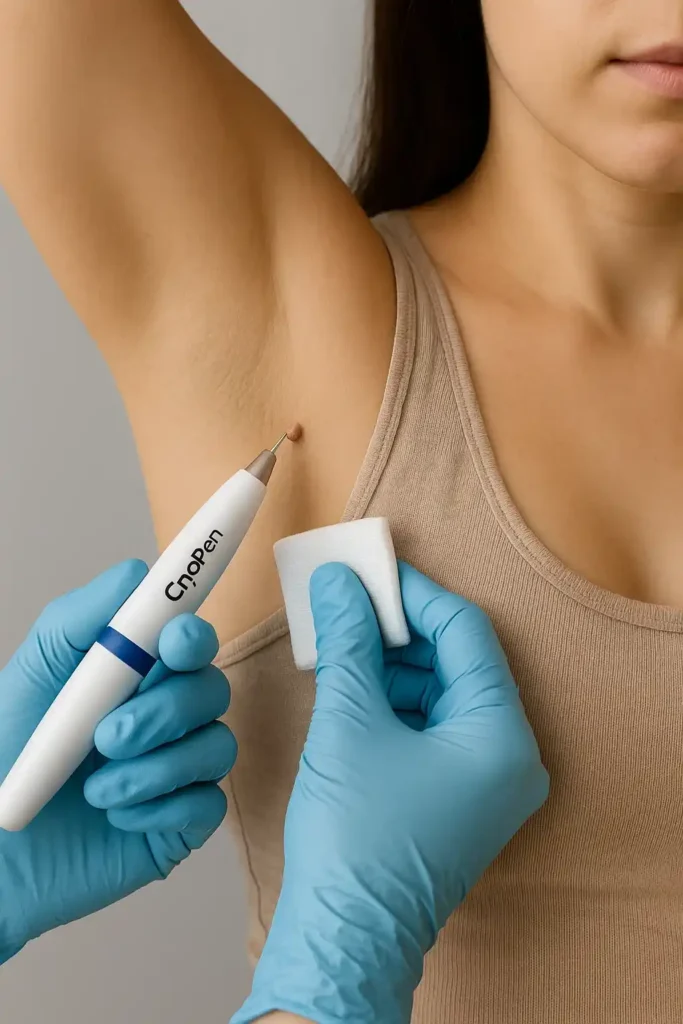 woman having cryopen to remove underarm skin tags Wales