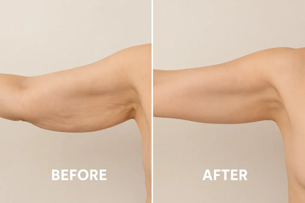 Picture of LA LIPO Wales before and after results of skin tightening treatment on the upper arms.