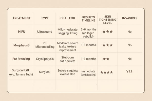 Table showing the comparisons of Skin tightening Wales treatment options.